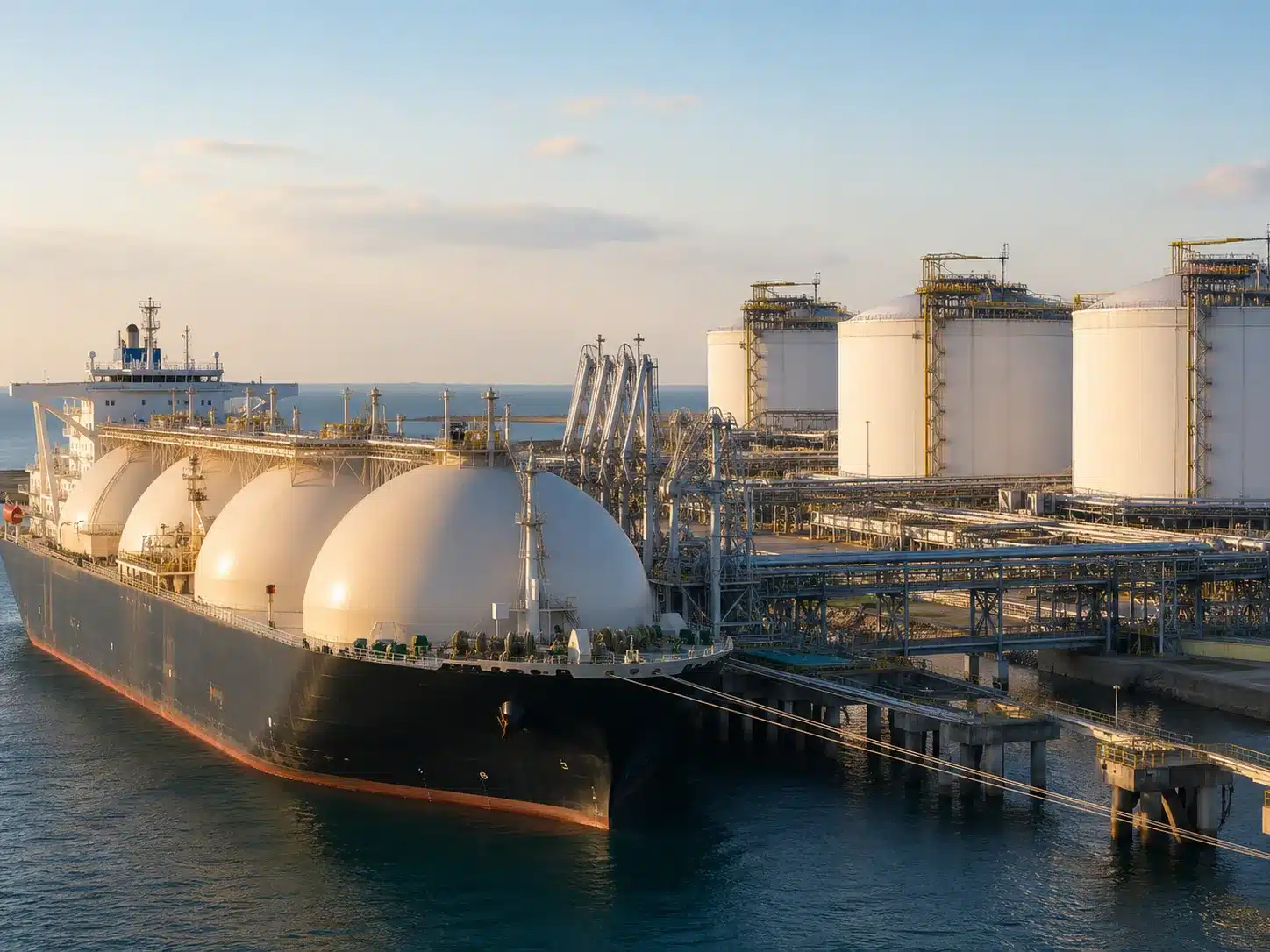 LNG carrier with spherical tanks loading at an LNG terminal