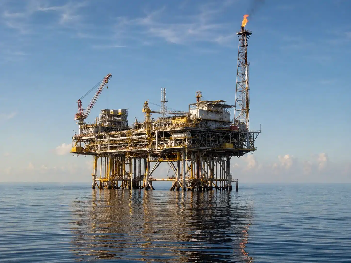 Offshore oil and gas platform at sea with process modules and flare tower