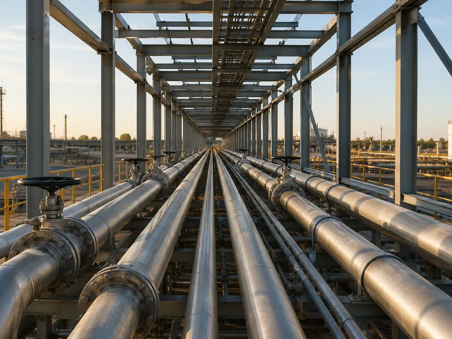 Parallel steel pipelines with flanges and valves in a pipe rack