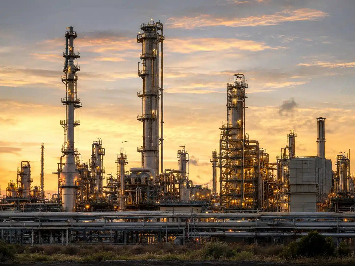 Refinery process units with distillation columns and pipe racks at dusk
