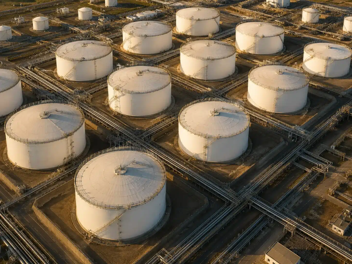 Aerial view of a storage tank farm at an oil terminal