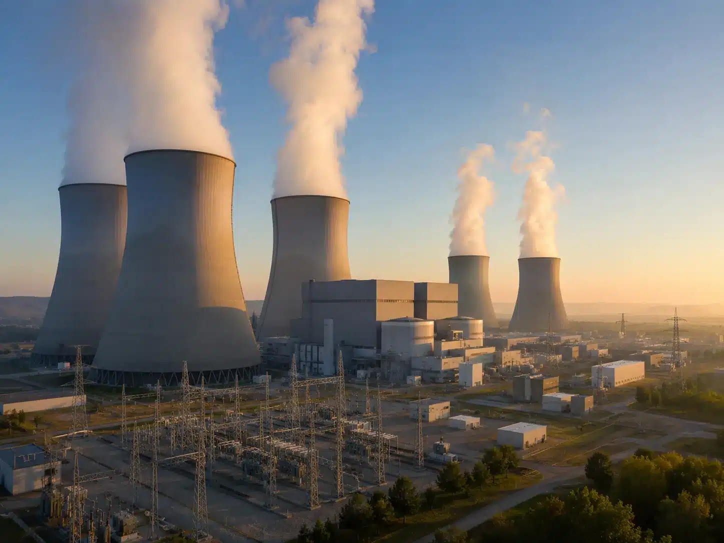 Power station with cooling towers and switchyard