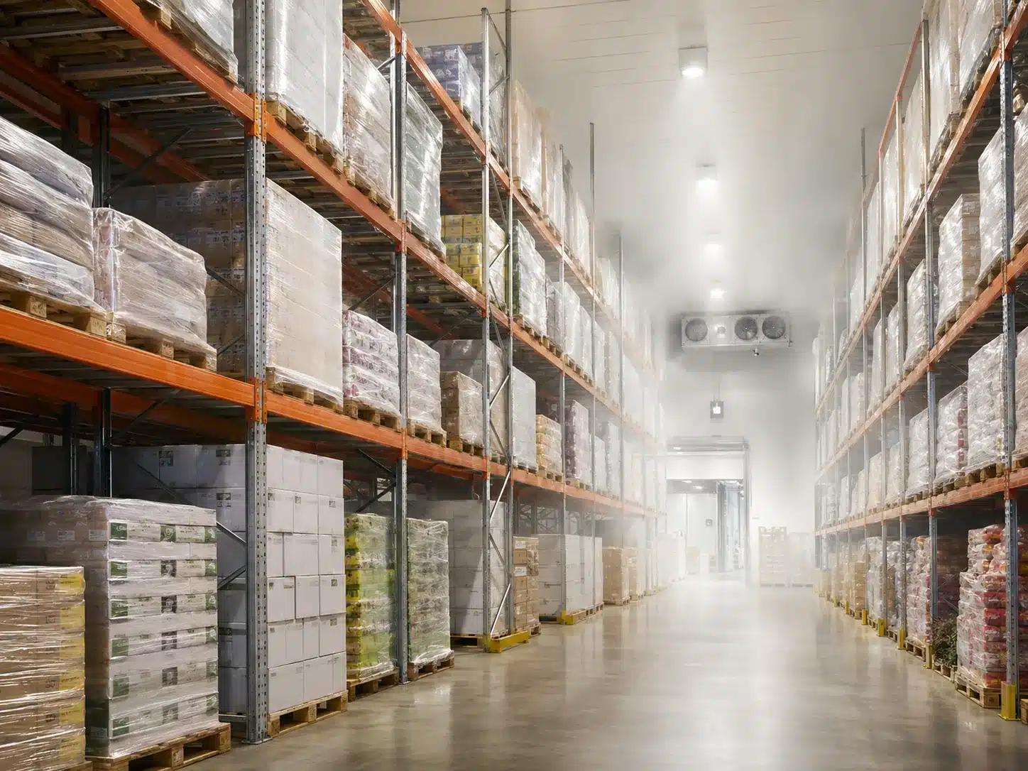 Interior of an industrial cold storage warehouse with tall pallet racking and light frost haze