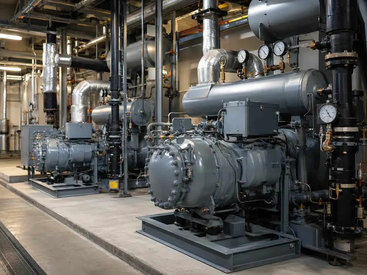 Industrial refrigeration plant room with large cooling compressors, insulated pipework and gauges