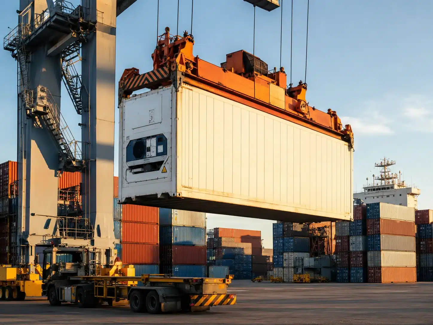 Gantry crane lifting a white refrigerated container at a container terminal in warm afternoon light