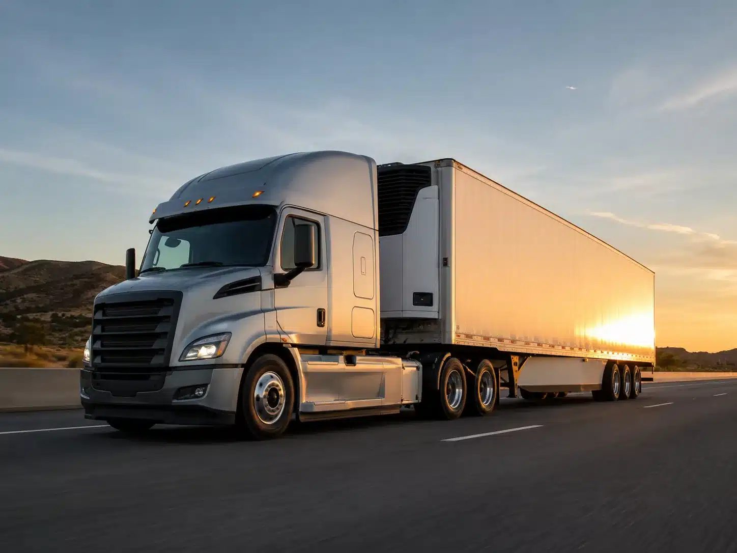 Refrigerated semi-trailer truck driving on an open highway at sunset