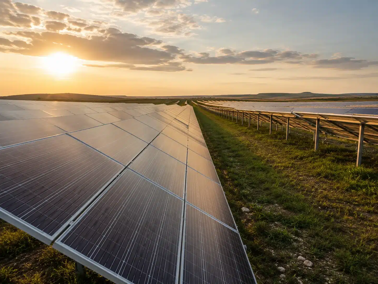 Rows of solar panels in a ground-mounted solar park