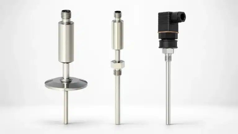 Three KP temperature sensors with an integrated 4-20 mA transmitter — the industrial BP1-T, the hygienic RT-BP1-T-C, and the valve-plug BP2-T