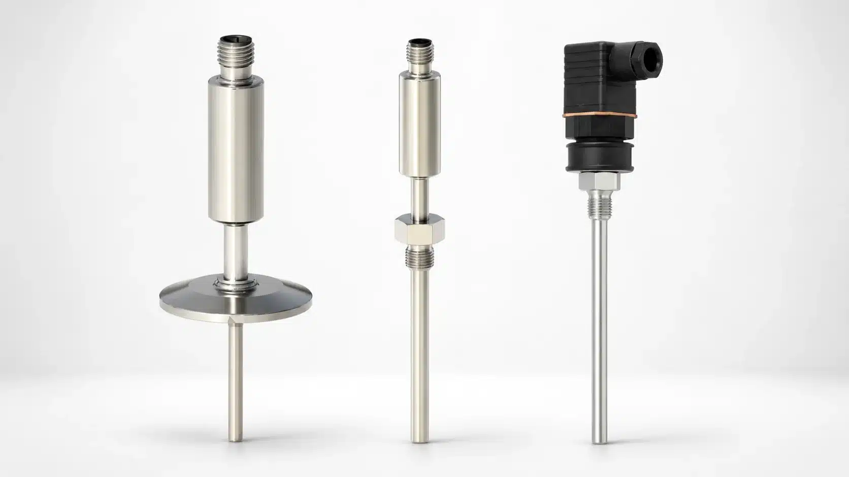 Three KP temperature sensors with an integrated 4-20 mA transmitter: the industrial BP1-T, the hygienic RT-BP1-T-C, and the valve-plug BP2-T