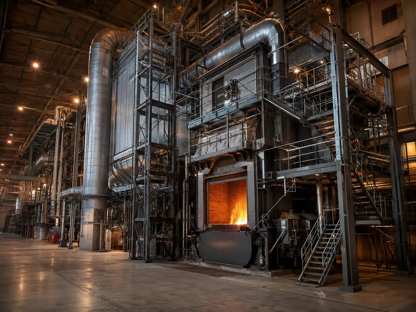 Waste-to-energy boiler hall interior with a warm glow from the furnace section